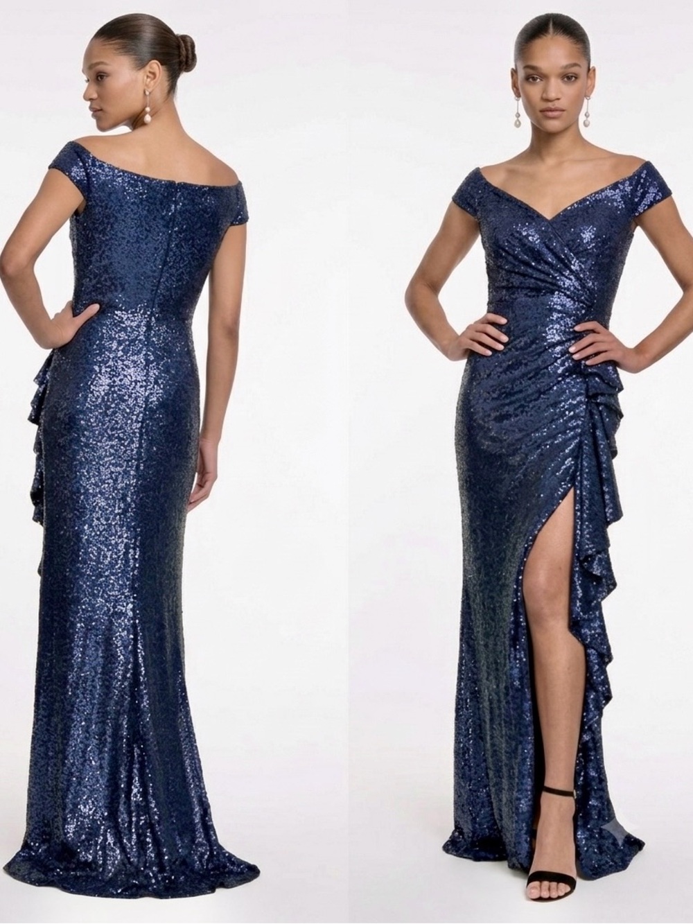 NWT TADASHI SHOJI SEQUIN OFF THE-SHOULDER GOWN NAVY PARTY FORMAL METALLIC   XS